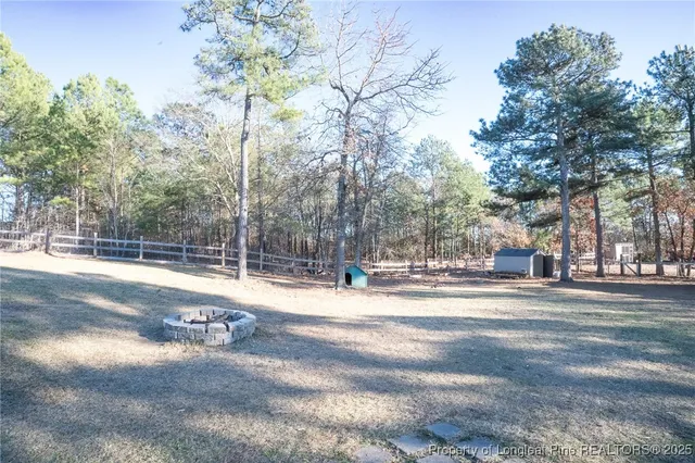 a view of a yard with large trees
