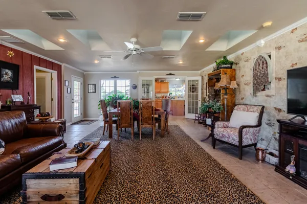 a view of a dining room with furniture