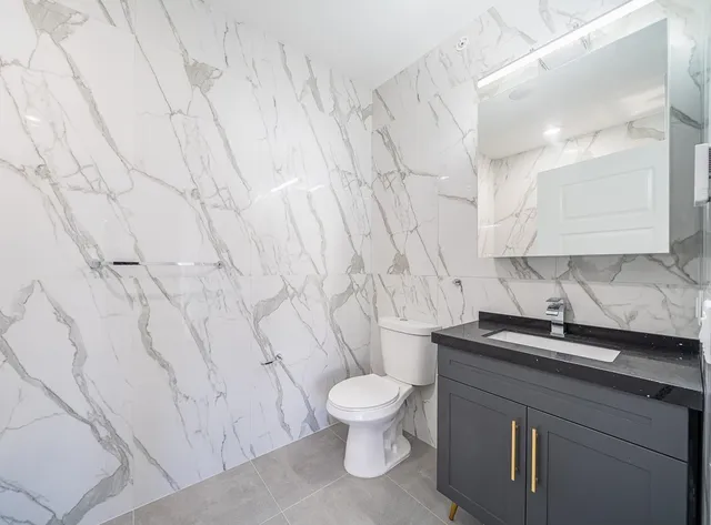 a bathroom with a granite countertop sink toilet and a mirror