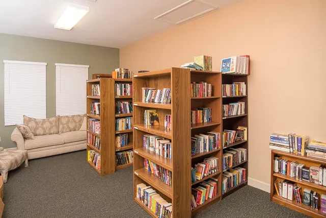 a view of a swimming pool with a garden