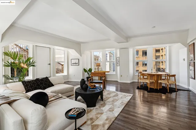 a living room with furniture potted plant and glass door