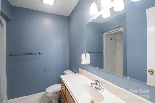 a bathroom with a sink a toilet and mirror