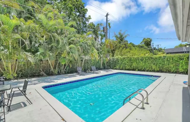 a view of a swimming pool with a yard