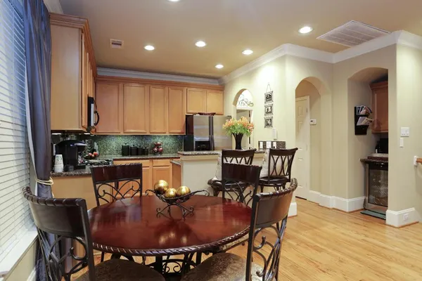 a view of a dining room with furniture
