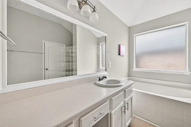 a bathroom with a sink a vanity and a large mirror