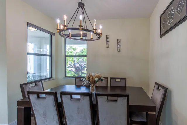 a view of a dining room with furniture window and outside view