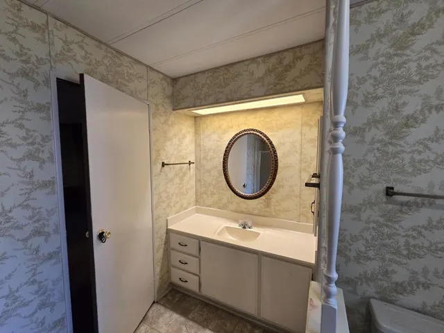 a bathroom with a sink and a mirror