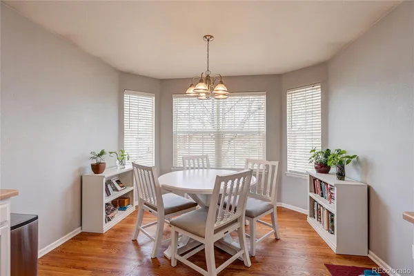 a view of a dining room with furniture window and wooden floor