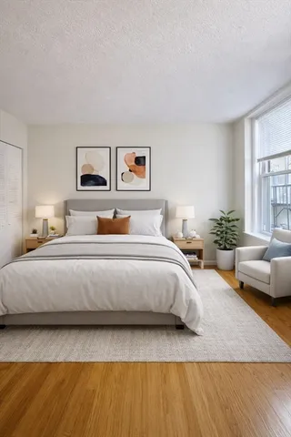 a bedroom with a bed a couch and a window