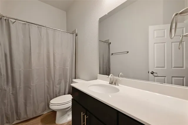 a bathroom with a sink a toilet a mirror and shower curtain