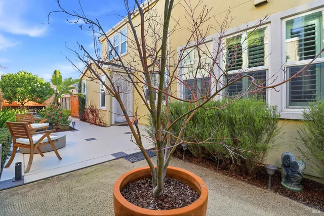 a view of a garden with a building in the background