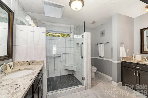 a bathroom with a granite countertop sink mirror and shower