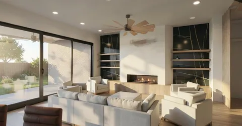 a living room with furniture large window and cabinet