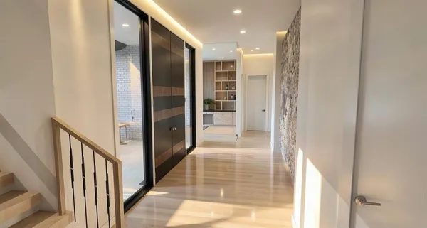 a view of a hallway with wooden floor and windows
