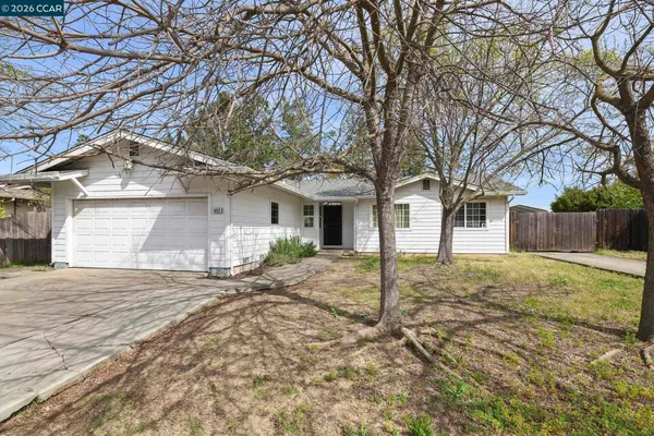 a view of a house with a yard and large tree