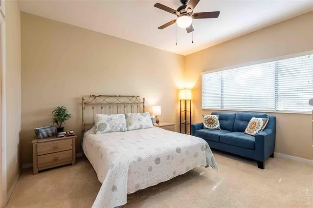 a bedroom with a bed couch and window