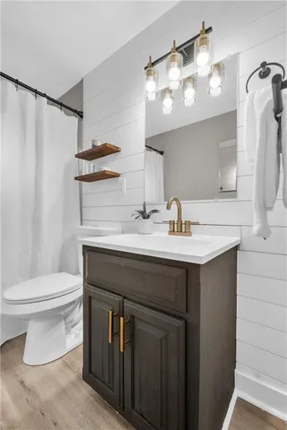 a bathroom with a sink vanity and toilet