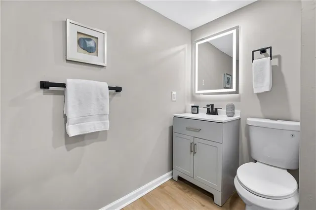 a bathroom with a toilet sink vanity and mirror