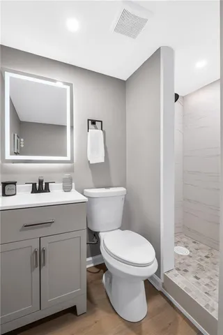 a bathroom with a toilet a sink and mirror