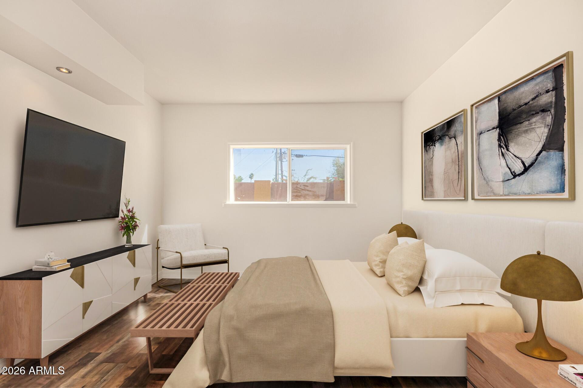 357 East Thomas Road, Unit A111 Phoenix, AZ 85012 - Photo 20 of 41 a bedroom with a bed and glass wall