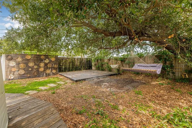 a view of a yard with plants and a trees