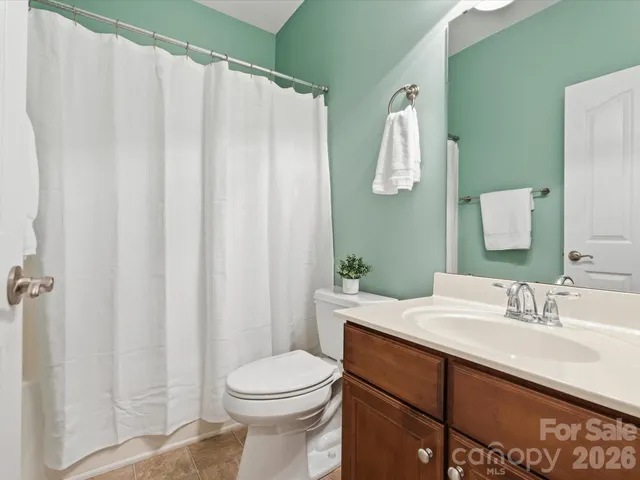 a bathroom with a sink a toilet and shower curtain