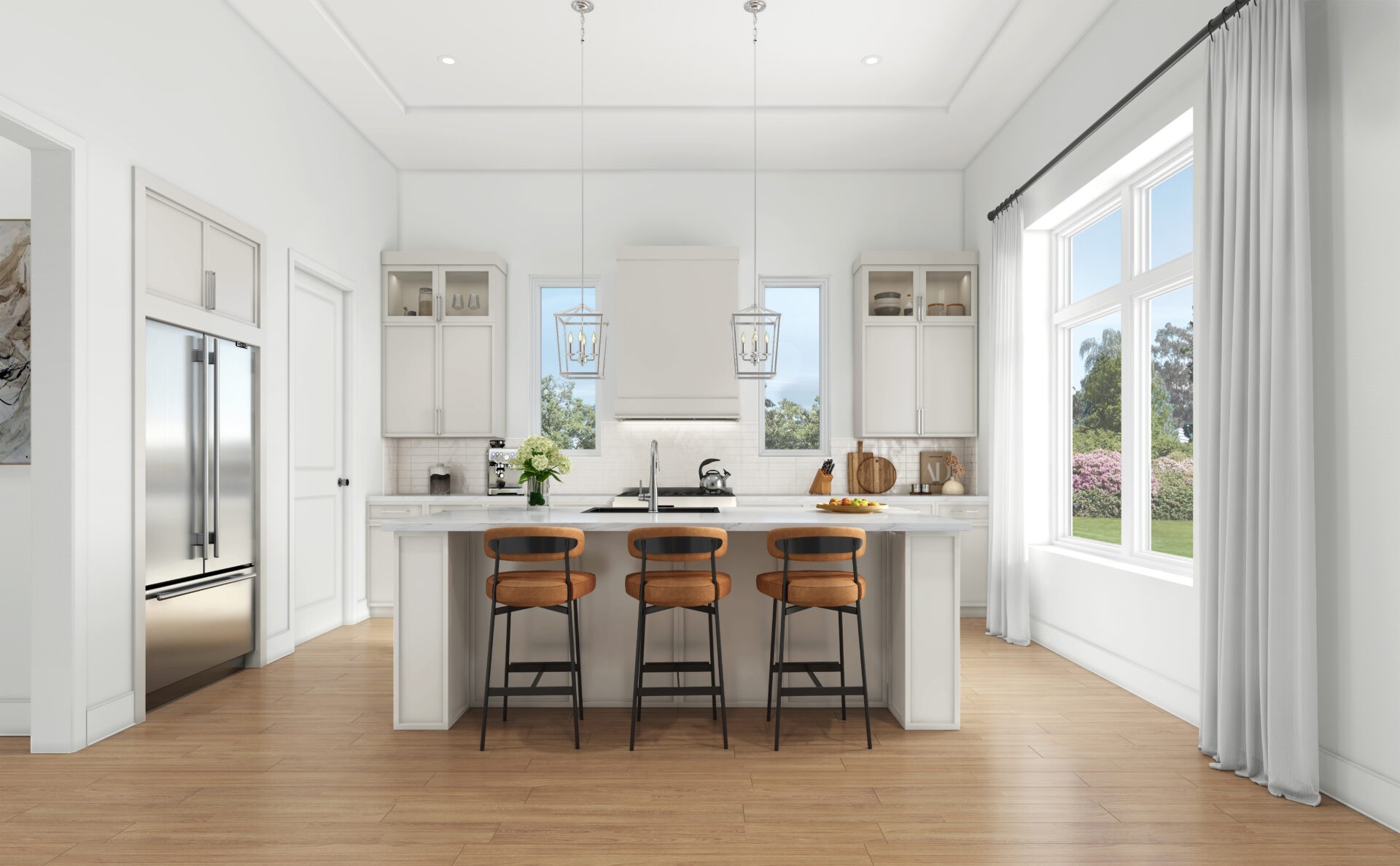 5315 Lambeth Riverside Drive Houston, TX 77091 - Photo 2 of 18 Bright, airy chef’s kitchen featuring crisp white cabinetry, stainless steel appliances, and an oversized island with seating—perfect for everyday living and entertaining. Large windows flood the space with natural light, highlighting the warm wood floors and modern pendant lighting.