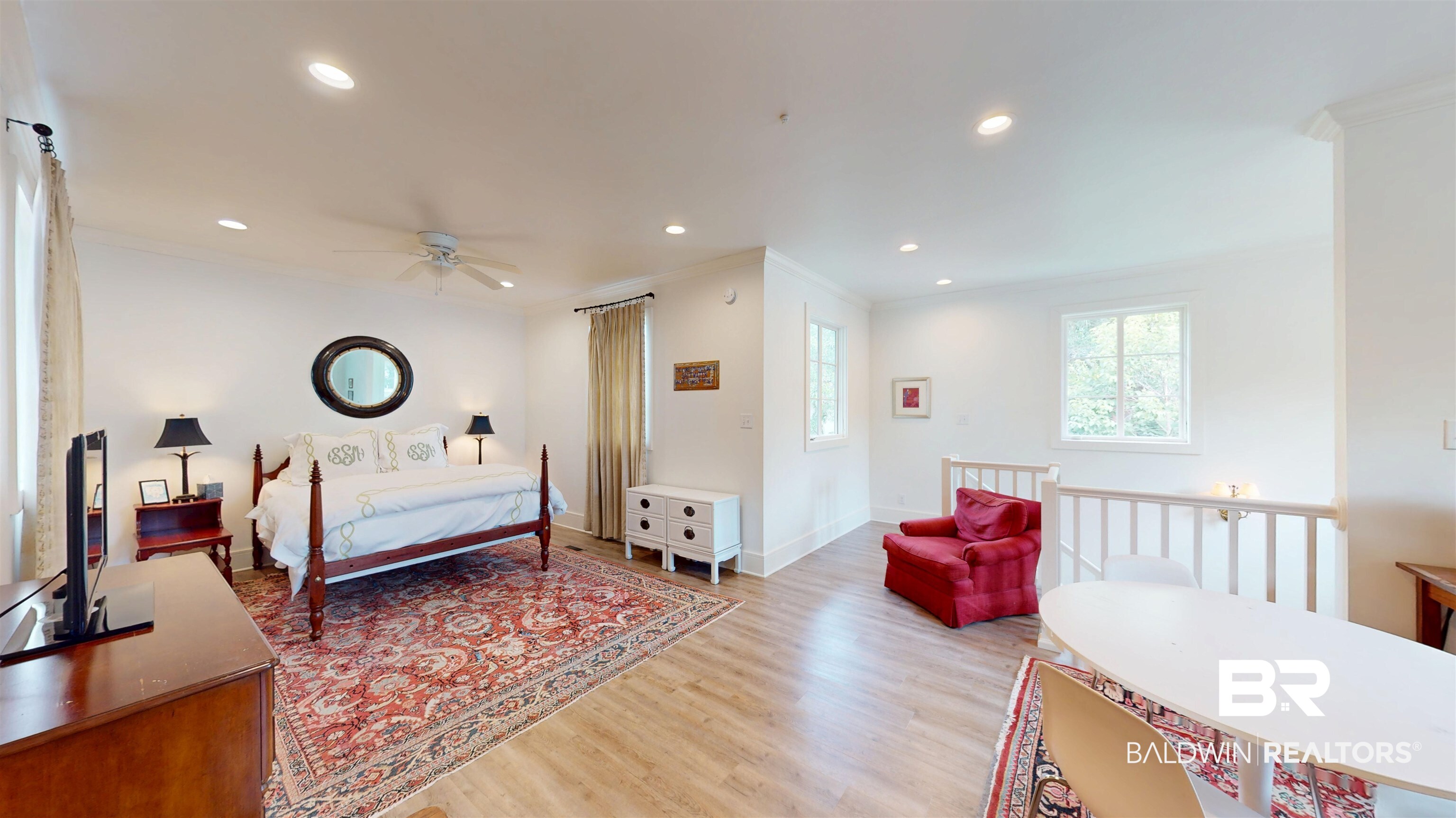 211 Lanier Avenue Mobile, AL 36607 - Photo 72 of 73 Bedroom with ornamental molding, light wood finished floors, recessed lighting, and a ceiling fan