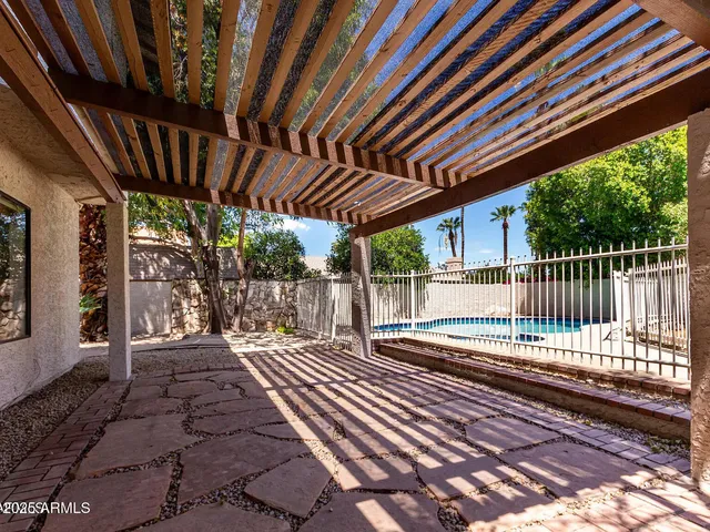 a porch with seating space