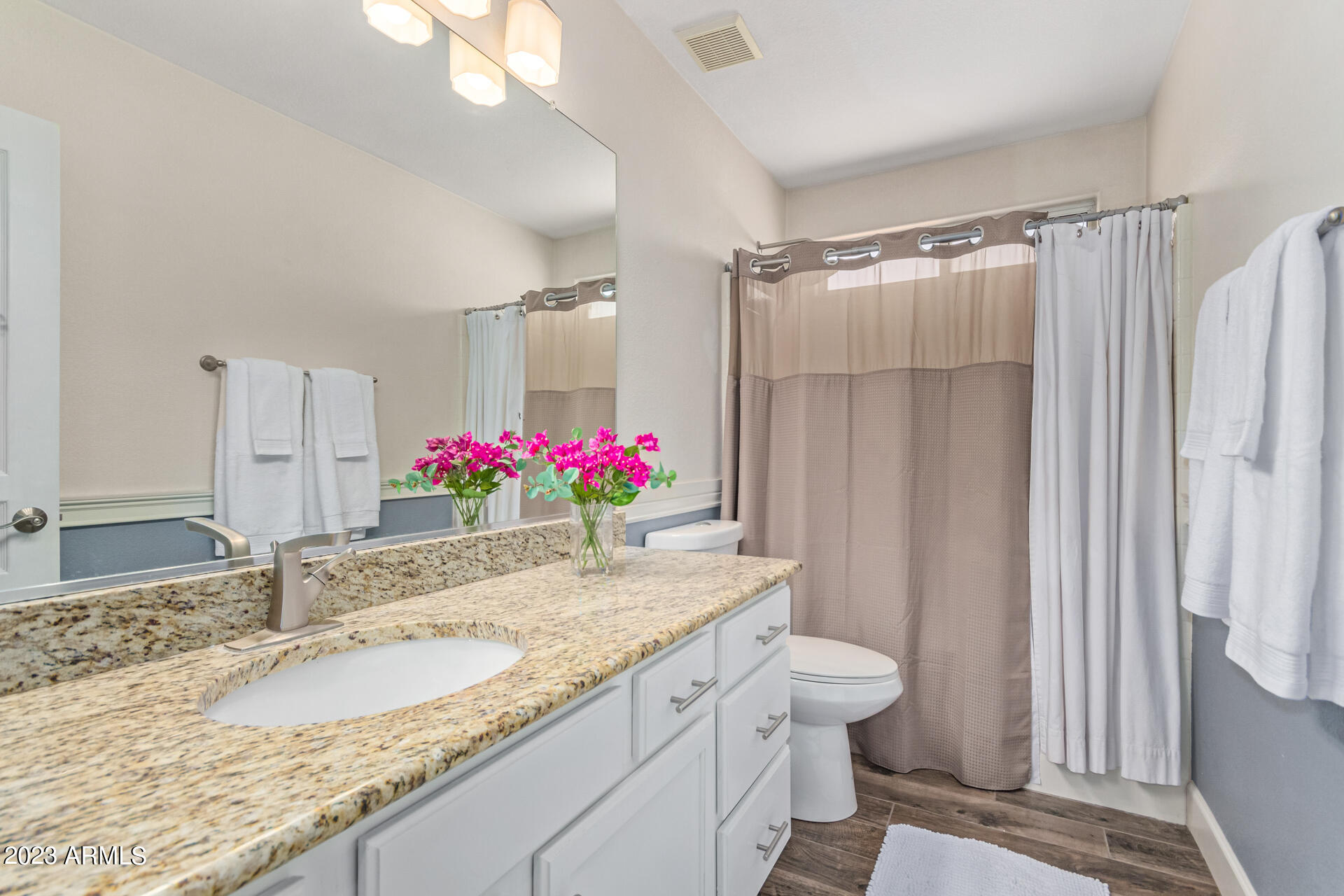 2065 South Marble Street Gilbert, AZ 85295 - Photo 29 of 59 a bathroom with a granite countertop sink and a mirror