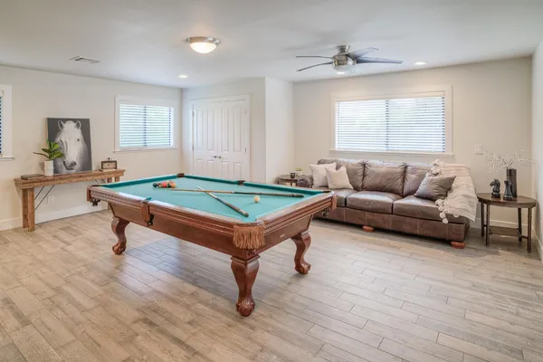 a bedroom with a bed and a walk in closet