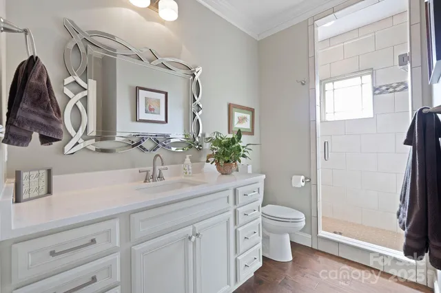 a bathroom with a double vanity sink toilet and shower