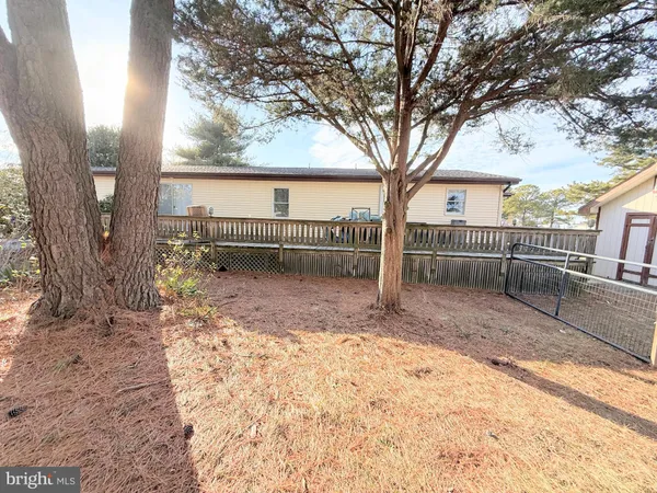 a view of backyard with wooden fence and large trees