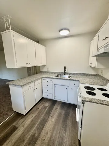 a kitchen with a sink a stove and cabinets