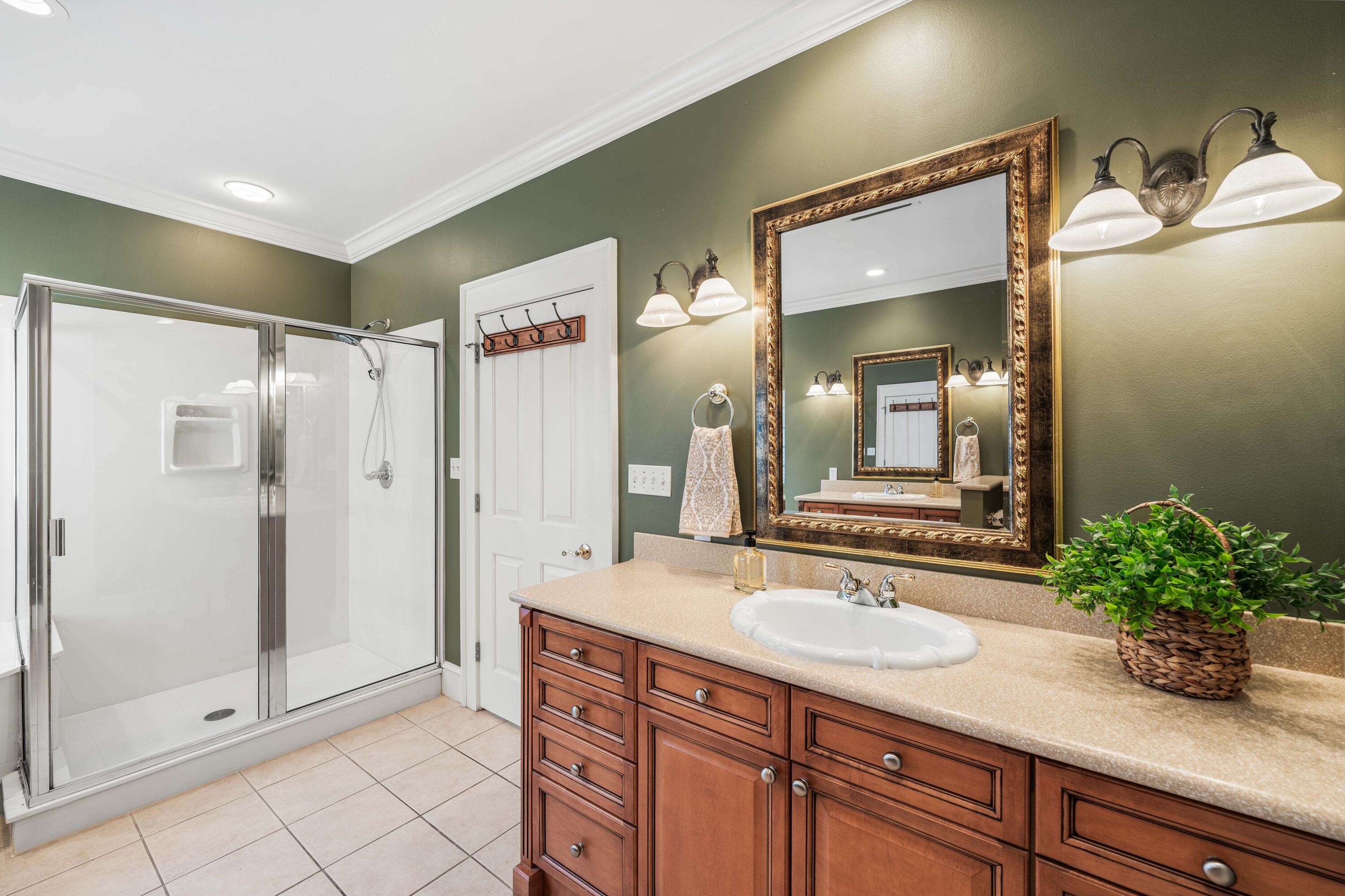 556 Little Canal Drive Santa Rosa Beach, FL 32459 - Photo 38 of 60 a bathroom with a granite countertop sink and a mirror