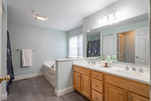 a bathroom with a sink double vanity and a mirror