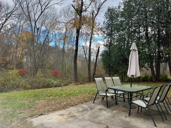 a view of backyard with table and chairs and a large tree