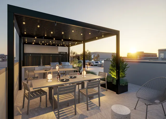 a view of an outdoor dining space with furniture