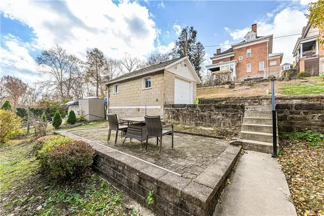 a backyard of a house with outdoor seating