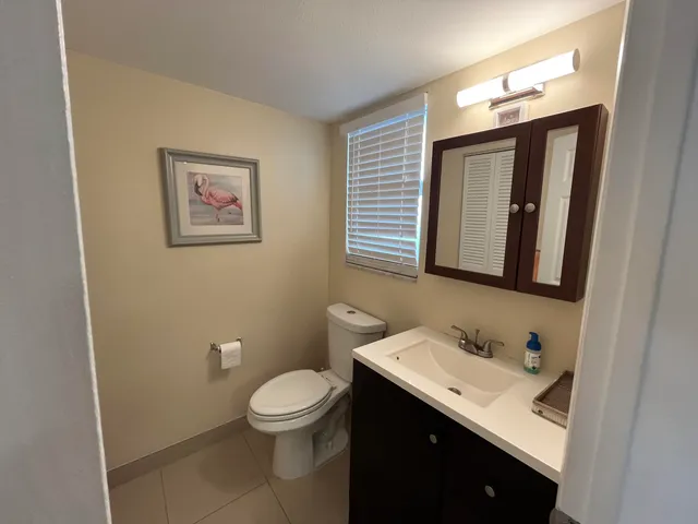 a bathroom with a toilet sink vanity and mirror