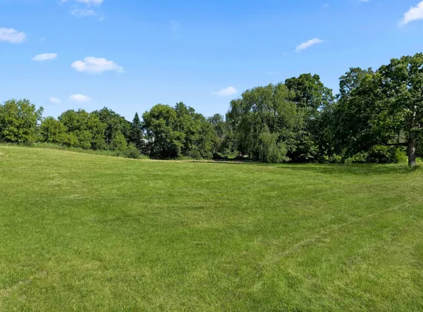 a view of a grassy field with trees in the background