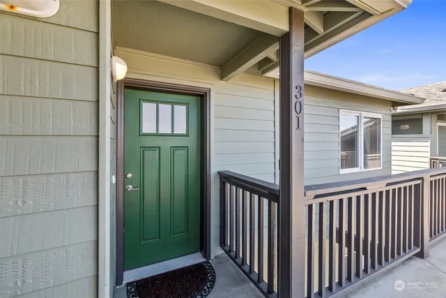 a view of a porch of a house