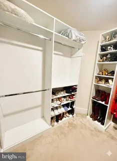a view of walk in closet with clothes and shoes