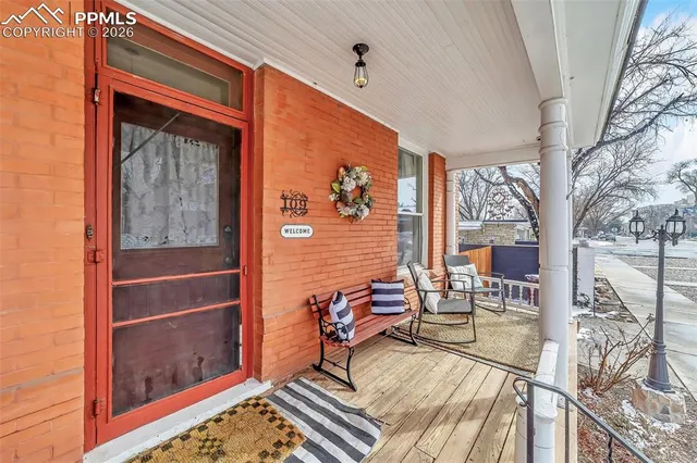 a view of a building with a bench