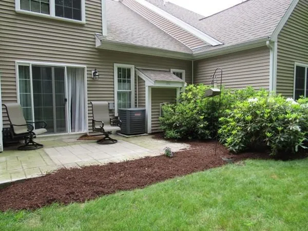 a view of a backyard with plants and a patio