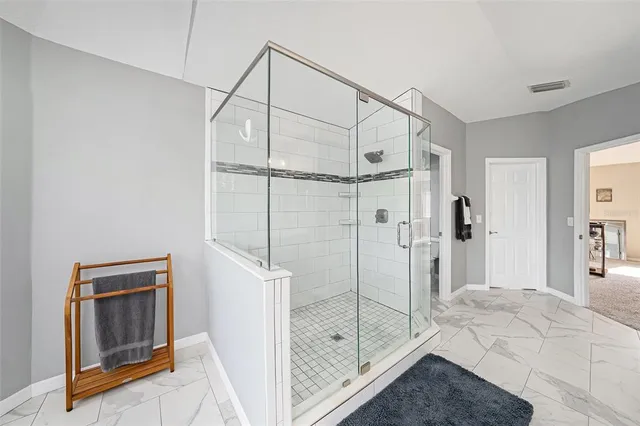 a bathroom with a shower and a sink