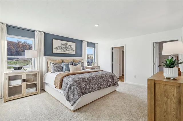a spacious bedroom with a bed and a cabinets