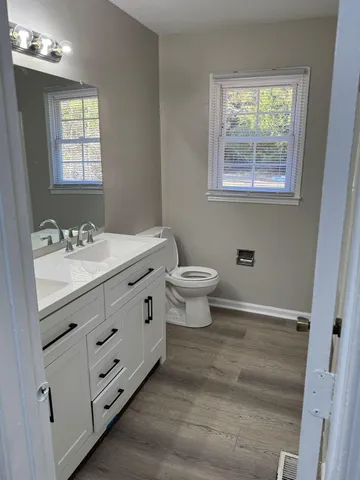 a bathroom with a sink toilet a mirror and window