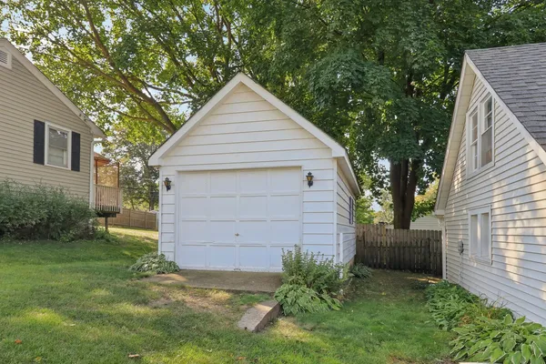a view of backyard with plants and a large tree