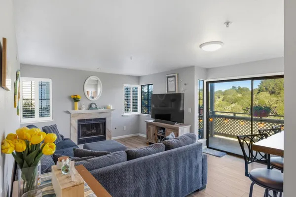 a living room with furniture a fireplace and a flat screen tv